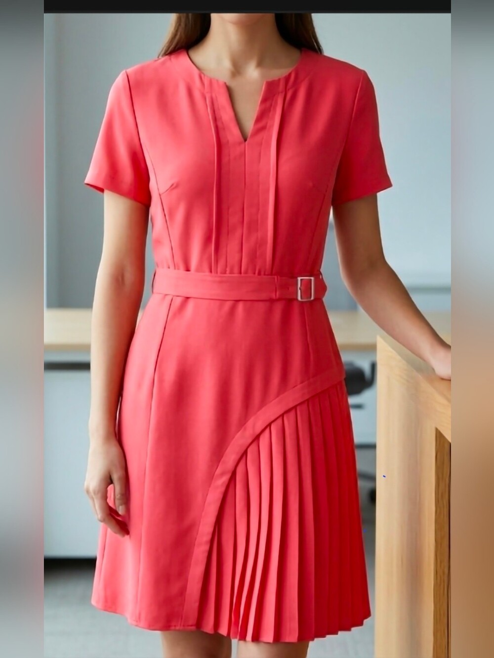 MOTF Coral-Pink Short Sleeve Belted Pleated Mini Dress